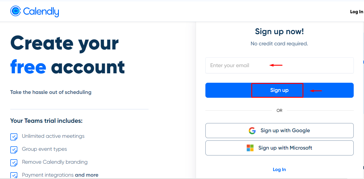 The email field and the Sign up button on Calendly