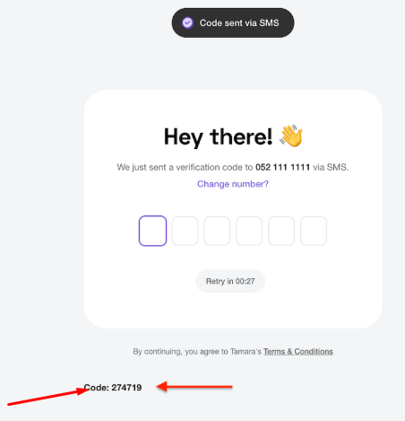 The test verification code shown below the Tamara payment form