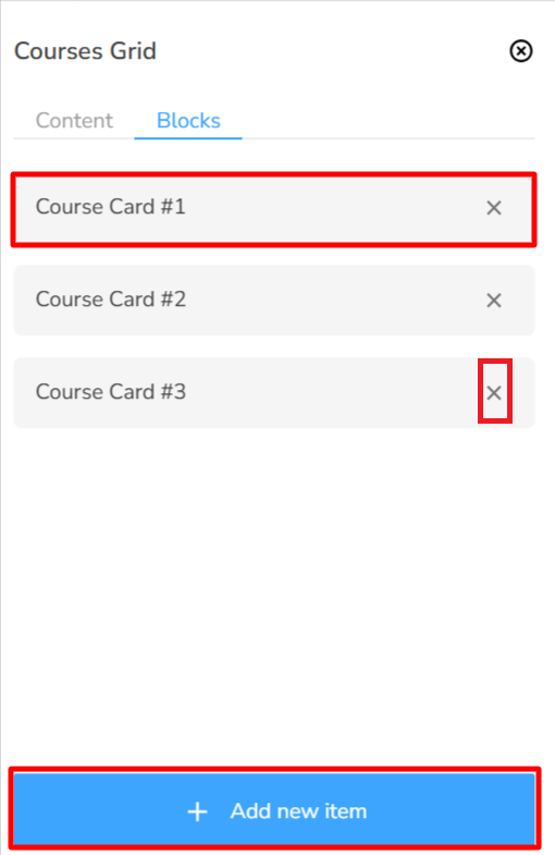 The list of course cards and the add new item button