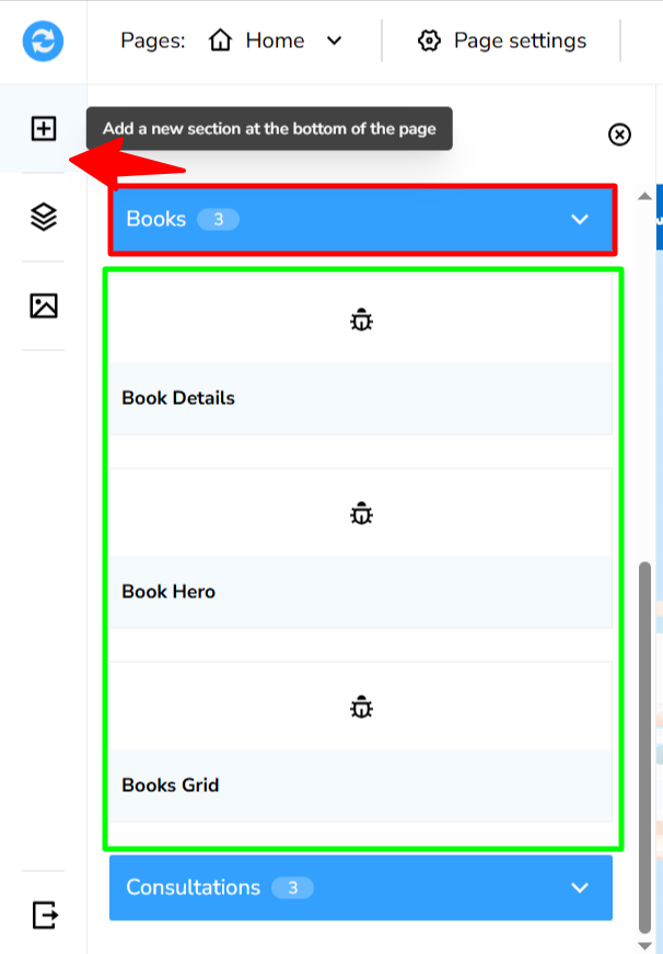 The sections you can add from the Books category