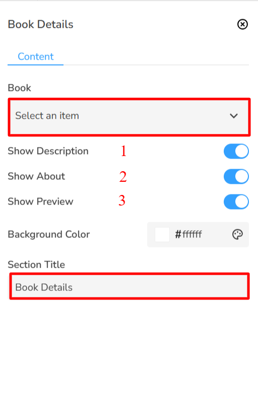 The Book Details section settings