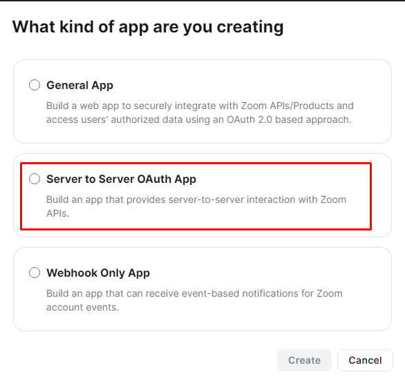 The app type window and the Server to Server OAuth App option