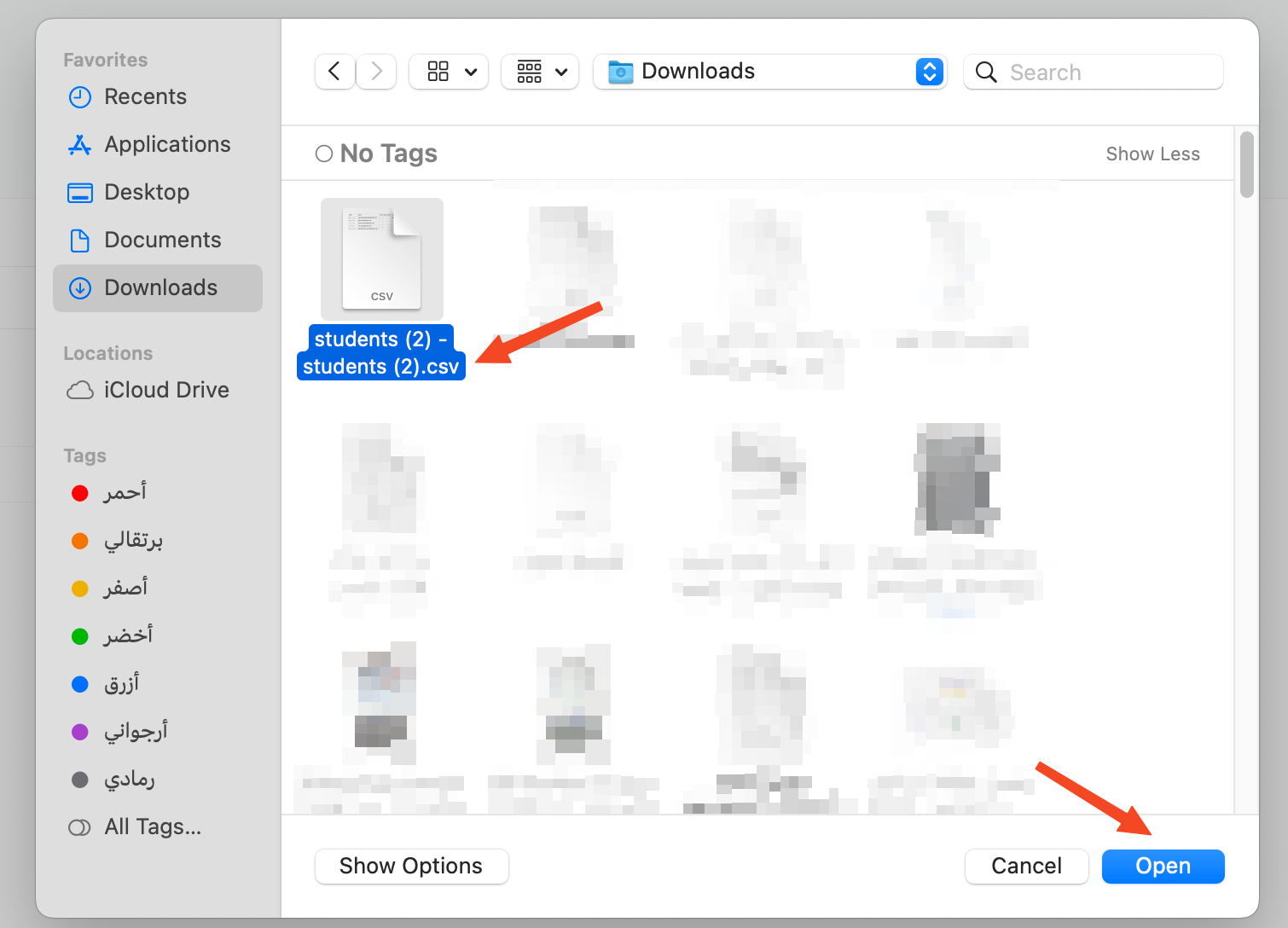 The file picker window and the Open button
