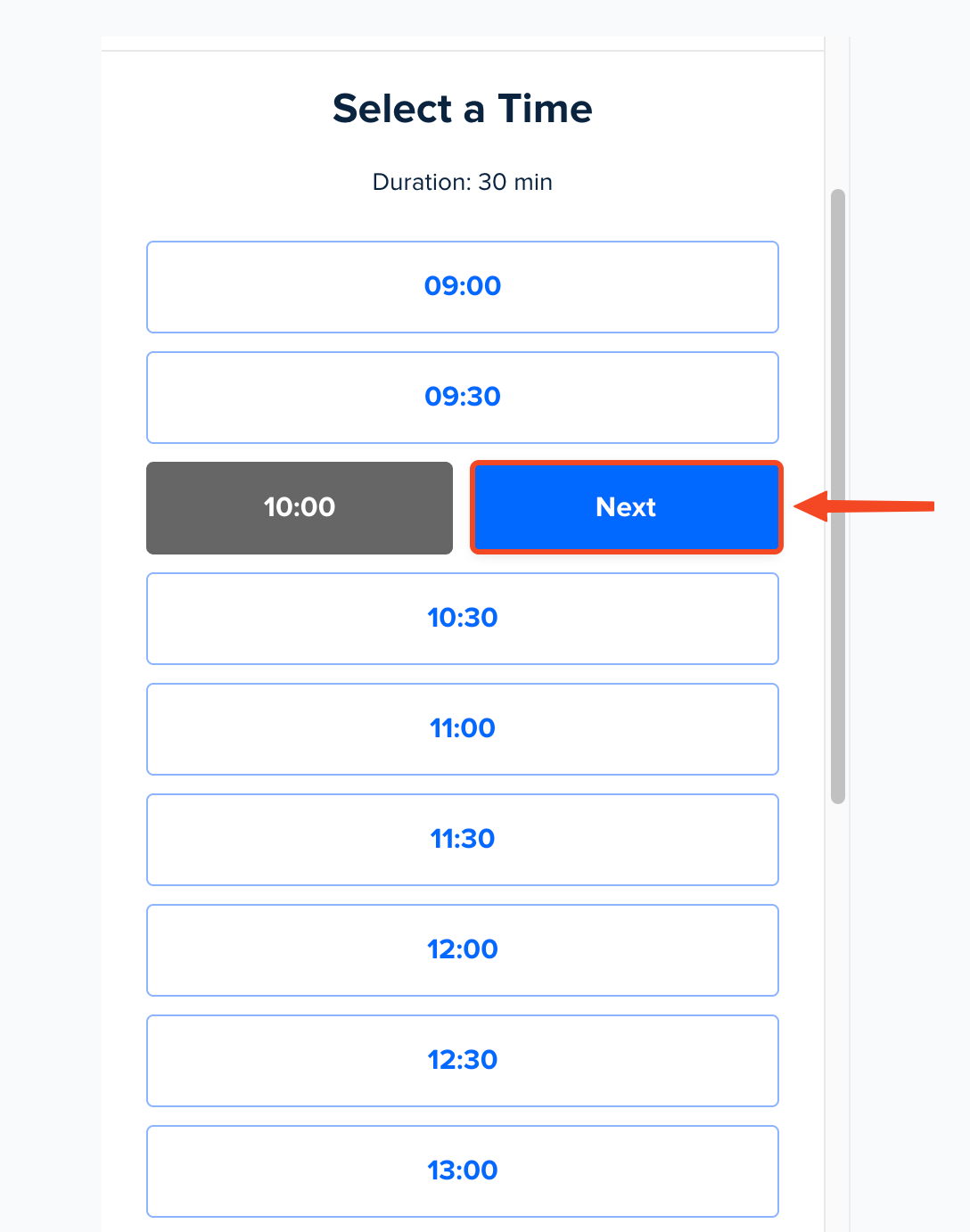 The list of open times and the Next button